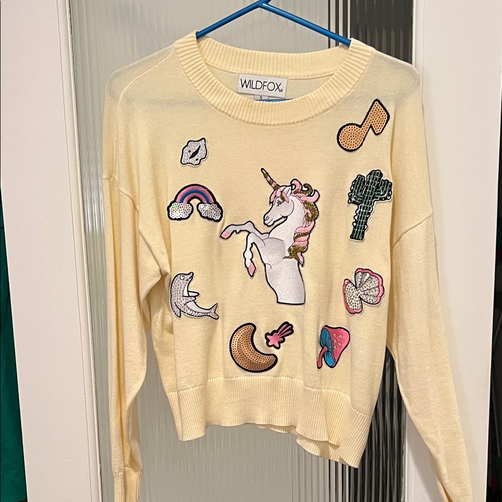 Wildfox Yellow Sweater with Unicorn and Patches & Sequins Designs ~ small